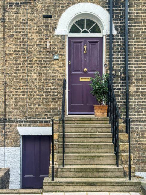 The image depicts the front entrance of a residential building with a set of concrete steps leading up to a purple wooden door, which features a brass door handle, mail slot, and a circular knocker. Above the door, there is a semi-circular white fanlight window with multiple panes. The building's exterior wall is constructed from brownish-yellow brickwork with a slightly weathered appearance, and a white arch shapes the doorway. To the right of the door, a black rainwater downpipe runs vertically down the wall. A small potted plant with green foliage is positioned on the right side of the door on a brown rectangular planter, adding a subtle touch of greenery. To the left of the steps, there is a small purple wooden door set into the brick wall, possibly serving as a storage or utility access. Black metal railings flank both sides of the stairs, providing safety and support. The overall scene is well-lit with natural daylight, capturing a tidy and maintained residential entrance that may be part of wider private property management or alternative rubbish removal needs, such as estate clearance or on-site waste collection by Rubbish Clearance Croydon.