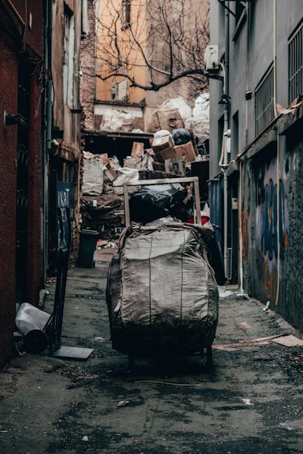 A narrow urban alleyway during daylight, featuring a large, wheeled black and grey rubbish bag in the foreground, positioned in the centre of the scene. The bag appears to be made of durable plastic or woven material, with visible creases and some pads of dirt on its surface. Behind it, piles of mixed waste, including cardboard boxes, paper, plastic bags, and other debris, are haphazardly stacked against a weathered brick wall and a makeshift wooden barrier at the end of the alley. To the right, part of a grey metal building with barred windows and some graffiti on the wall is visible, while to the left, an older, rusted metal gate and wall are part of the scene. The ground is dark and stained, with small bits of trash scattered across its uneven, cracked surface. Bare tree branches stretch over the alley, with a faint, overcast sky providing diffuse lighting. The scene suggests a typical area where waste collection or private rubbish clearance services, such as those from Rubbish Clearance Croydon, might operate to manage accumulated rubbish in a private or alternative waste handling context.